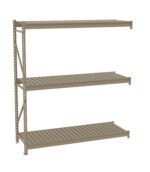 A beige, multi-tiered shelving unit with three adjustable shelves, designed for storage and organization. The shelves consist of metal slats supported by a sturdy metal frame on the left side. The unit is shown against a white background.
