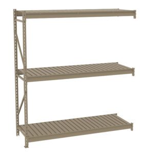 A beige, multi-tiered shelving unit with three adjustable shelves, designed for storage and organization. The shelves consist of metal slats supported by a sturdy metal frame on the left side. The unit is shown against a white background.