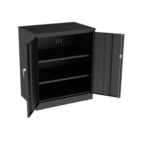 A black metal cabinet with two open doors, revealing two shelves inside. The cabinet has a sleek design and a silver handle on the door. The interior is empty against a plain white background.