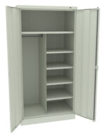 An open metal storage cabinet with two doors is shown. Inside, there are multiple shelves on the right and a hanging rod on the left. The cabinet is light gray and has a simple, industrial design.