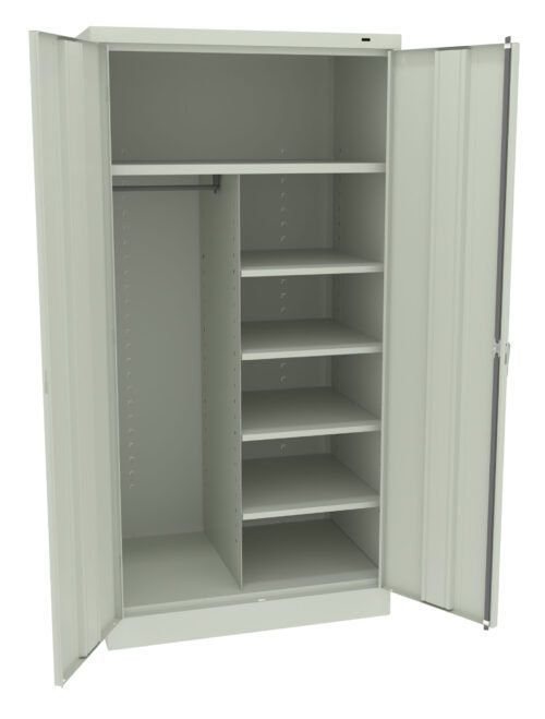 sgwf2bayrolrejyci0vh.jpg An open metal storage cabinet with two doors is shown. Inside, there are multiple shelves on the right and a hanging rod on the left. The cabinet is light gray and has a simple, industrial design.