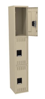 A beige metal locker with three vertically stacked compartments. The top compartment door is open, showing an empty interior, while the other two doors remain closed. The locker features ventilation slots and black handles.