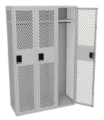 A metal locker with three compartments. The right door is open, revealing a hanging rod inside. The locker features a mesh design allowing visibility and ventilation, and each door has a lockable handle.