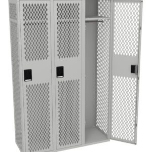 A metal locker with three compartments. The right door is open, revealing a hanging rod inside. The locker features a mesh design allowing visibility and ventilation, and each door has a lockable handle.