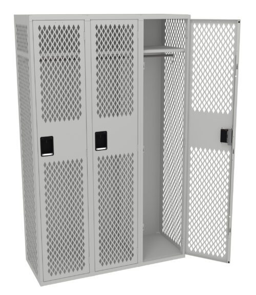 A metal locker with three compartments. The right door is open, revealing a hanging rod inside. The locker features a mesh design allowing visibility and ventilation, and each door has a lockable handle.