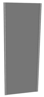 An angled view of a tall, rectangular, grey structure with rows of evenly spaced holes along its vertical edges, resembling a large metal panel or rack mount frame. The background is white.