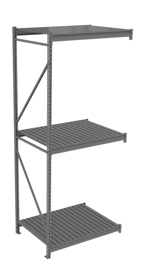 Metal storage rack with three evenly spaced shelves, standing on four legs with vertical and diagonal support bars. The shelves and frame are gray, and the unit is freestanding.