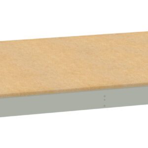 A rectangular, flat wooden board with a light brown surface, framed with a gray metal border. The board appears raised, possibly as part of a shelving or platform system. The background is plain and white.