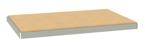 A rectangular, flat wooden board with a light brown surface, framed with a gray metal border. The board appears raised, possibly as part of a shelving or platform system. The background is plain and white.