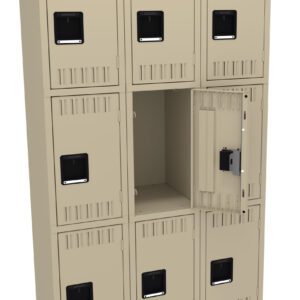 A beige metal locker unit with three rows and three columns of lockers. One locker in the middle row is open, revealing an empty interior. The lockers have black handles and ventilation slits.