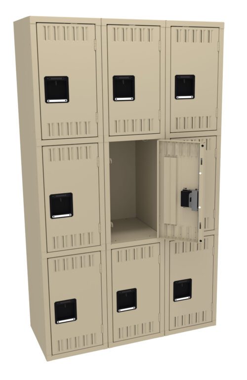 A beige metal locker unit with three rows and three columns of lockers. One locker in the middle row is open, revealing an empty interior. The lockers have black handles and ventilation slits.