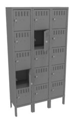 A tall, grey metal locker unit with three vertical columns and four horizontal rows of lockers. Some locker doors are open, revealing empty compartments inside. The unit has a simple, industrial design.