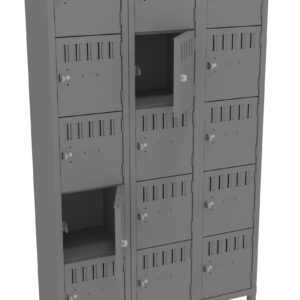A tall, grey metal locker unit with three vertical columns and four horizontal rows of lockers. Some locker doors are open, revealing empty compartments inside. The unit has a simple, industrial design.
