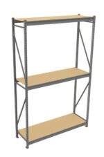 A metal shelving unit with three wooden shelves. The frame is gray and features diagonal support beams for stability. The shelves are evenly spaced and unoccupied, showcasing a simple and functional design.