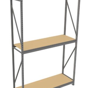 A metal shelving unit with three wooden shelves. The frame is gray and features diagonal support beams for stability. The shelves are evenly spaced and unoccupied, showcasing a simple and functional design.