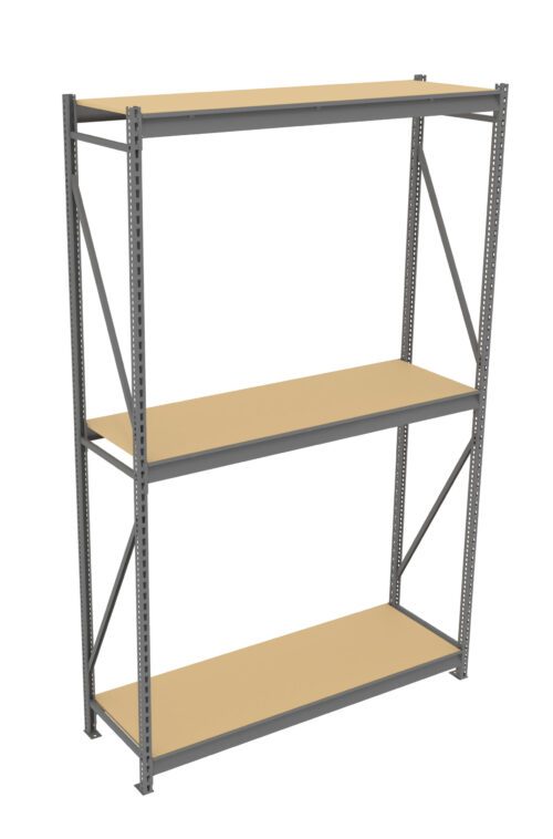 sijn72xncckvmascla4p.jpg A metal shelving unit with three wooden shelves. The frame is gray and features diagonal support beams for stability. The shelves are evenly spaced and unoccupied, showcasing a simple and functional design.