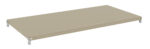 A rectangular, beige metal shelf with a flat surface and small holes along the sides. The shelf is supported by silver brackets at each corner.