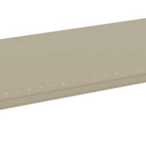 A rectangular, beige metal shelf with a flat surface and small holes along the sides. The shelf is supported by silver brackets at each corner.