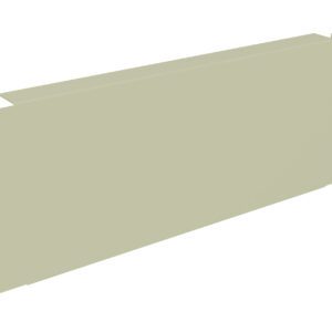 Rectangular beige metal panel with flanged edges and two round holes on the left side. The surface is smooth and has a uniform color. The right side is longer than the left, creating an asymmetrical shape.