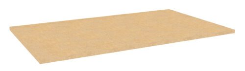 A rectangular sheet of medium-density fibreboard (MDF) with a smooth, light brown surface. The sheet has visible edges and appears slightly elevated against a white background.