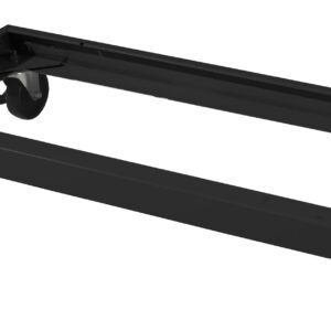 A black metal dolly with four swivel casters, designed to transport heavy objects. It has a rectangular frame and a small red sticker on one side with white text.