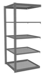 A metal shelving unit with five adjustable shelves made of mesh material. The frame is composed of vertical and horizontal bars with perforations for shelf height adjustments, designed for storage or organizational use.