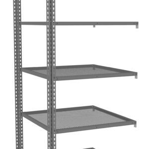 A metal shelving unit with five adjustable shelves made of mesh material. The frame is composed of vertical and horizontal bars with perforations for shelf height adjustments, designed for storage or organizational use.