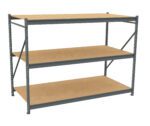 Metal storage rack with three wooden shelves, each evenly spaced. The frame is gray and features diagonal support bars for stability. The shelves are empty, showcasing the racks simple design and functionality.