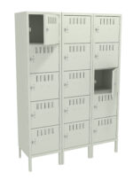 Three beige, metal locker columns, each with six compartments. Some doors are slightly open, displaying the inside shelving. The lockers have ventilation slits and key locks. A few doors are ajar.