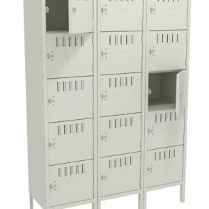 Three beige, metal locker columns, each with six compartments. Some doors are slightly open, displaying the inside shelving. The lockers have ventilation slits and key locks. A few doors are ajar.