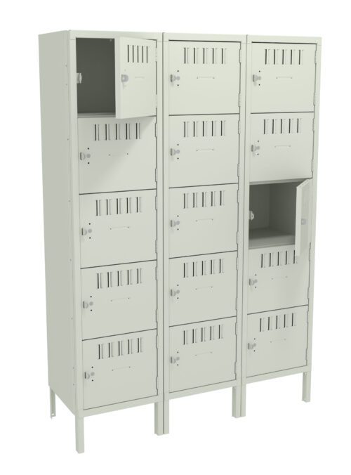 Three beige, metal locker columns, each with six compartments. Some doors are slightly open, displaying the inside shelving. The lockers have ventilation slits and key locks. A few doors are ajar.