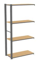 A metal shelving unit with five wooden shelves. The frame is gray with vertical supports featuring holes for adjustable heights. The shelves are evenly spaced, and the unit is angled to the left, showing depth and structure.