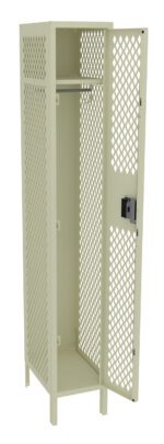A beige metal locker with a mesh design is open. It has a single door featuring a black lock and a bar for hanging items inside. The structure is tall and rectangular.
