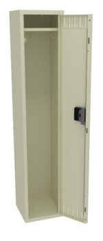 A beige metal locker with a single compartment is open, showing an empty interior. It features a shelf at the top and a locking mechanism on the door. The design is simple and functional.