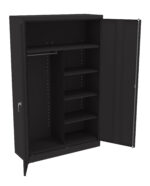 Open black storage cabinet with two doors. Inside, it has a hanging rod on the left, and shelves on the right side. One door is fully open, revealing the interior compartments designed for organizing clothes or items.