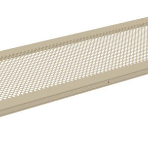 A beige perforated metal shelf with small circular holes. The shelf has a rectangular shape and features mounting brackets at each end for attachment.
