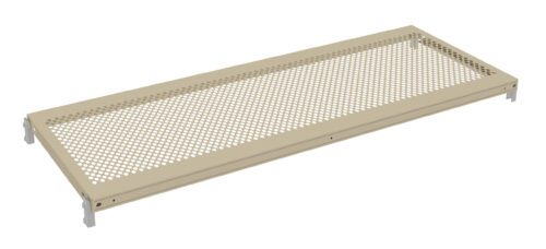 A beige perforated metal shelf with small circular holes. The shelf has a rectangular shape and features mounting brackets at each end for attachment.