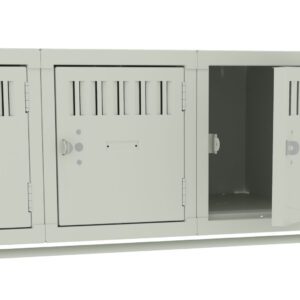 A row of four green metal lockers, with the second locker from the right open. Each locker has a vented slot above the lock mechanism. The lockers are placed on a wall-mounted beam.
