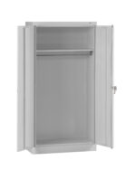 A metal storage cabinet with open double doors. Inside, there is a single shelf near the top and an empty space below. The cabinet is gray and features a key lock on the right door.