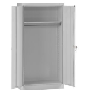 A metal storage cabinet with open double doors. Inside, there is a single shelf near the top and an empty space below. The cabinet is gray and features a key lock on the right door.