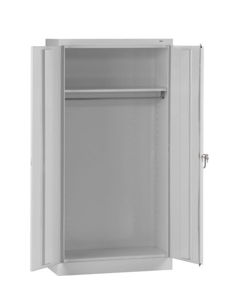 sl8bt3okvp2nxns8okgj.jpg A metal storage cabinet with open double doors. Inside, there is a single shelf near the top and an empty space below. The cabinet is gray and features a key lock on the right door.