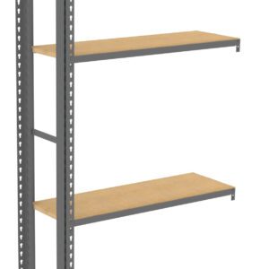 Metal shelving unit with four wooden shelves and a vertical support frame. The shelves are evenly spaced, and the unit is designed for easy assembly and efficient storage, suitable for a variety of uses, such as in a garage or warehouse.