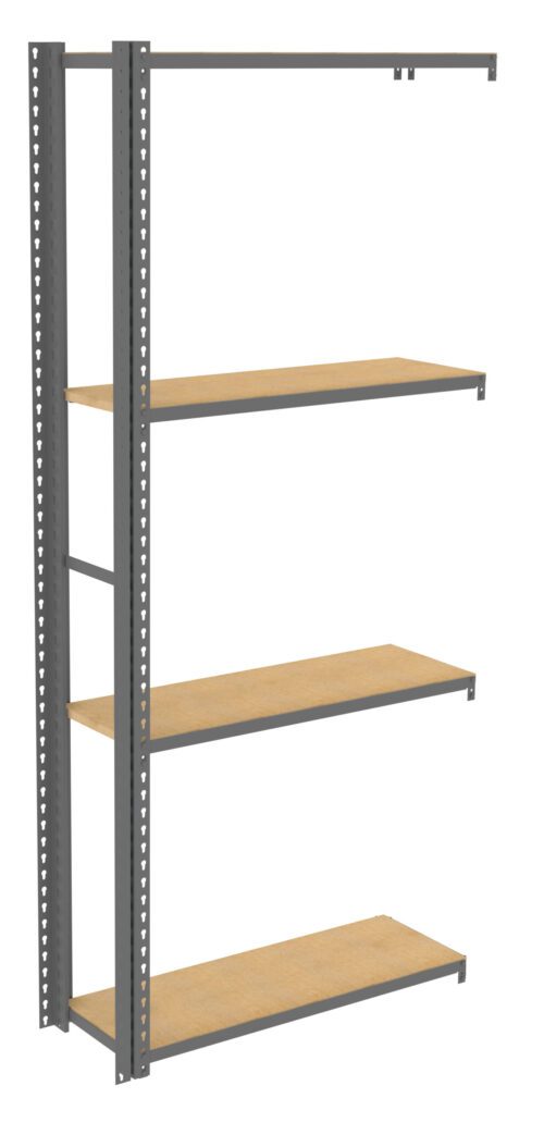 Metal shelving unit with four wooden shelves and a vertical support frame. The shelves are evenly spaced, and the unit is designed for easy assembly and efficient storage, suitable for a variety of uses, such as in a garage or warehouse.