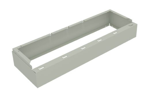 A rectangular, light gray metal frame with open top and nine evenly spaced rectangular cutouts along its sides, viewed from a slight angle against a plain white background.