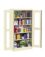 A beige storage cabinet with open doors, revealing five shelves filled with various office supplies, including binders, envelopes, paper reams, cleaning products, and other miscellaneous items neatly organized.