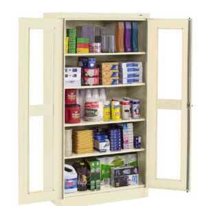 A beige storage cabinet with open doors, revealing five shelves filled with various office supplies, including binders, envelopes, paper reams, cleaning products, and other miscellaneous items neatly organized.