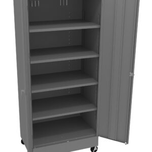 A gray metal storage cabinet with five shelves is open. The cabinet is on wheels, allowing for mobility. The interior is empty, showcasing adjustable shelves. The door is partially open, revealing the interior space.