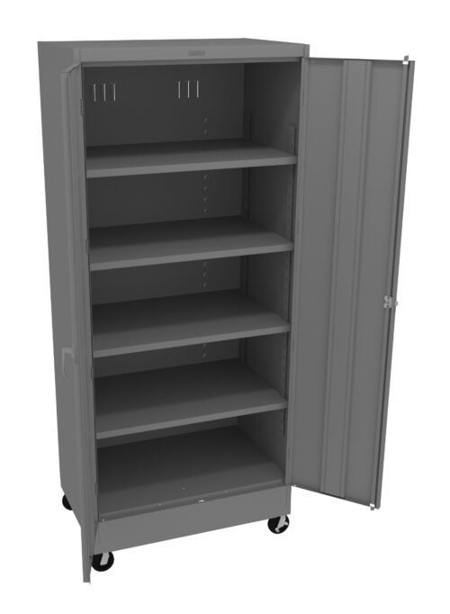 A gray metal storage cabinet with five shelves is open. The cabinet is on wheels, allowing for mobility. The interior is empty, showcasing adjustable shelves. The door is partially open, revealing the interior space.