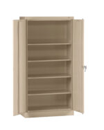 A beige metal storage cabinet with two open doors, revealing five adjustable shelves inside. A lock is visible on the right door.