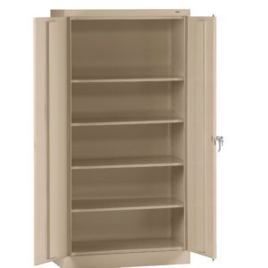 A beige metal storage cabinet with two open doors, revealing five adjustable shelves inside. A lock is visible on the right door.